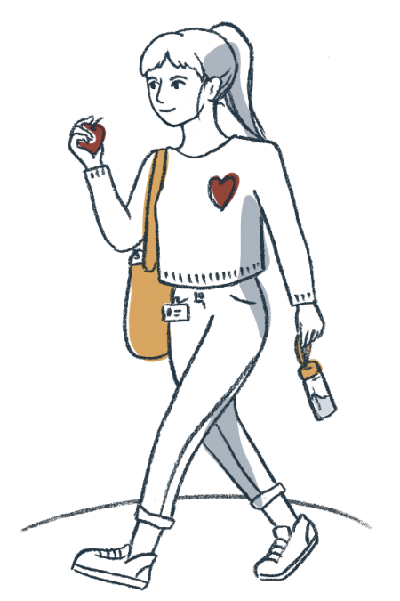 Ilustracion mujer caminando bolsa manzana